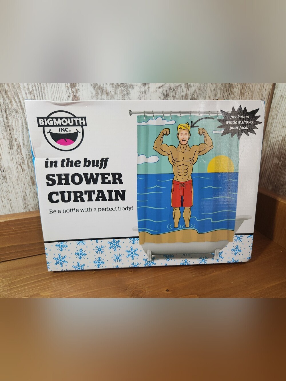 In The Buff Shower Curtain Peeaboo Window Hulky Guy Beach Vibes Lifeguard Funny